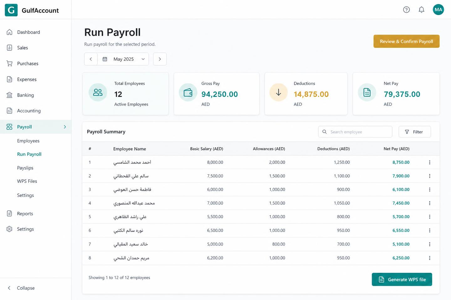 GulfAccount payroll run screen listing employees with basic salary, allowances, deductions and net pay in AED, plus a Generate WPS file action